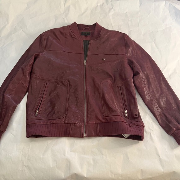 True Religion Mens Burgundy Lamb Leather Bomber Moto Jacket Full Zip Logo 2XL